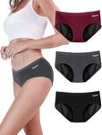 TIICHOO Leakproof Underwear for Women Soft Period Panties Heavy Flow Menstrual Postpartum Underwear 3 Pack (3X-Large, Black/Burgundy/Gray)