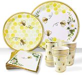 Bumble Bee Tableware Party Decorations | Paper Plates, Napkins, Beverage Cups | Baby Shower Gender Reveal Neutral Supplies, Birthdays and Weddings, Honeycomb, Yellow Floral, Gold Foil, Serves 16