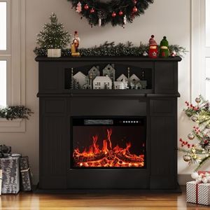 BOSSIN 43" Electric Fireplace with Mantel, 23 inch Electric Fireplace Insert, Freestanding TV Stand with Fireplace Heater,Wooden Surround Firebox Faux Log & Led Flames, Remote Control,750W/1500W Black