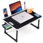 OPTIFINE Foldable Wooden Mini Laptop Table for Bed, Study Table with Drawer, Tablet/Mobile Holder for Kids & Adults->> (White-US-COTTED-Black)