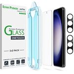 amFilm 2+2 Pack OneTouch for Samsung Galaxy S23 5G 6.1 inch Screen Protector, 9H Hardness with Tempered Glass Camera Lens Protector, Easiest to Installation, Bubble Free and Case Friendly