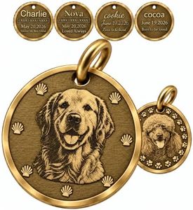 Personalized Solid Brass Pet ID Tag, Engraved Photo & Text for Dogs & Cats