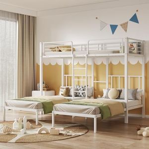 Moimhear Letto tripla 90 x 200 cm x 3, letto a castello con scala per bambini e ragazzi, letto in ferro con griglia di protezione anticaduta e tavolo (bianco)