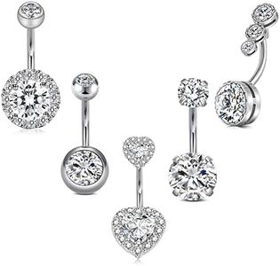 Incaton 14G Belly Button Rings, Stainless Steel Heart Diamond 6mm/10mm Bar Belly Rings For Women, Hypoallergenic Short Bar Navel Piercings, Metal, cubic zirconia