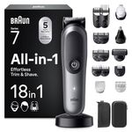 Braun 18-in-1 All-In-One Trimmer, Series 7 Grooming Kit for Men Beard Trimmer, Hair Clipper & Body Groomer with ProBlade, AutoSense, 120 Min Cordless, Waterproof AquaGrip - AIO7585 Grey