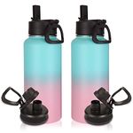 Volhoply 32 oz Water Bottles Bulk 2 Pack with Straw Lid & Spout Lid,Insulated Sports Water Bottle,Double Wall Vacuum Stainless Steel Thermos,Leak Proof Wide Mouth Metal Flask for Travel(Green Pink,2)