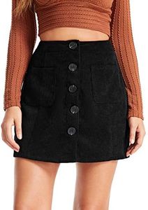 WDIRARA Women's Mid Waist Corduroy A-line Slim fit Button Casual Mini Skirt Black L