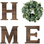 Yoleshy Wooden Home Sign with Artificial Eucalyptus Wreath for O, 9.8'' Home Letters With Wreath For Wall Hanging Decor, Rustic Wall Letters Decor For Living Room, Entry Way, Kitchen, Etc (Brown)