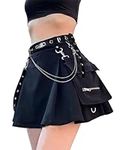 DINGJIUYAN Black Gothic Skirt Black High Waist Mini Skirts with Chain Belt Punk Pleated Vintage Skirt Gothic Streetwear Cross Print Pleated Women Skirts Lolita Harajuku Skirt