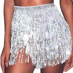 REETAN Sequin Sparkly Skirt Disco Fringe Short Skirt Rave Party Dance Belly Skirt for Women and Girls, A-silver, 40 Short