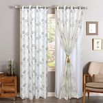 Dashing Fabrics Polyester and Blackout 2 in 1 Double Leaf Embroidery Design with Blackout Door Curtains, Set of 2 Pieces(7 Feet, White - Grey Leaf + White Blackout)