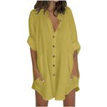 Womens Oversized Cotton Linen Button Down Shirts Casual V Neck Collared 3/4 Sleeve Boyfriend Blouses with Pockets Yellow