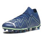 Puma Future Match Firm Ground Cleats - Lightweight Navy Mesh Upper with 3D Textures, Made with 20% Recycled Materials, Persian Blue/Puma White/Pro Green, 8