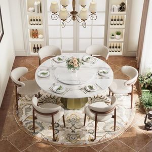59" Modern Round Dining Table for 6, Glossy Sintered Stone Kitchen Table with Gold Metal Pedestal Paired with a White Turntable for Dining Room (Table Only)