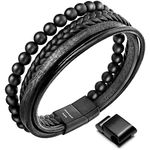 Speroto New Mens Bracelet Bead and Leather Braided, Lava and Onyx Bead Leather Bracelet for Men (Black, 7.50)