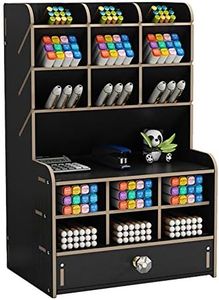 Hggzeg Portapenne organizer per scrivania in legno, ampia capacità, scatola portaoggetti da scrivania, per articoli di cancelleria, per ufficio, casa e scuola, B16, colore nero