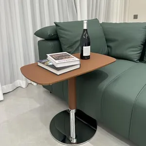 Zpnevx 360° Swivel Adjustable Height Bed Side Table, Couch Desk with Silver Base, Saddle Leather Bed Table for Small Spaces