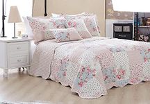 Prime Linens Luxury Quilted Patchwork Bedspread Bed Throw 3 Piece Bedding Set Includes Comforter & 2 Pillow Shams Floral Design Coverlet Embroidered (Meadow, King)