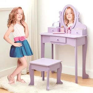GarveeHome Girls' Vanity Set with Mirror, Makeup Table and Stool for Kids, Wood Dressup Playset for 4-9, Purple