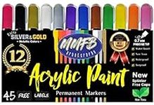MMFB Arts & Crafts 0.7mm Extra Fine Acrylic Paint Permanent Markers (12 Pens Size XF) w/ 45 Chalkboard Labels, Permanent Color Quick Dry On All Surfaces, Metallic Gold & Silver, Splinter Free Caps