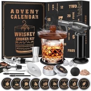 Whiskey Advent Calendar 2026 for Men, 24 Day Bourbon Smoker Infuser Kit for Cocktail and Whisky Lovers, Perfect Christmas and Holiday Gift for Husband, Dad, Boyfriend, Him(NO BUTANE, GLASS)