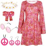 70s Fancy Dress Women Disco 60s Fancy Dress for Women Hippie Costume with Hippie Accessories Hippy Fancy Dress for Women Adult 1970s 1960s Hippie Clothes 70 Style Ladies Pink Flower Power Dress (S)
