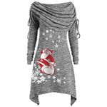 Lazzboy Women Tops Blouse Long Sleeve Casual Solid Pleated Cowl Neck Tunic Slim Side Strappy Asymmetric Irregular Hem Christmas Snow Print Plus Size Pullover Shirt (10,Grey-Santa Claus)