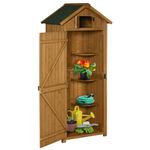 Outsunny Wooden Garden Shed, Utility Outdoor Small Shed with Lockable Double Doors, Shelves and Roof Hatch, Burlywood