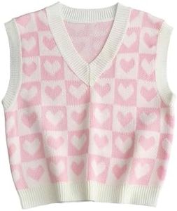 SweatyRocks Women's Sleeveless V Neck Knit Sweater Vest Houndstooth Crop Tank Top Solid Pink S