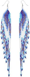 Samiyack Extra Long Beaded Earrings, Boho Statement Native Beaded Chandelier Dangle Earrings, Bohemian Indian Mexican Handmade Seed Bead Tassel Fringe Earrings for Women Summer Holiday, Zinc, No