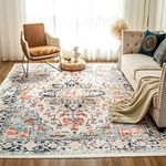 VK VK·LIVING Machine Washable Rug 6'x9' Vintage Design Washable Area Rugs with Non Slip Rugs for Living Room Bedroom Traditional Woven Rug Carpet Stain Resistant,Home Decor Office Boho Rug,Blue&Orange