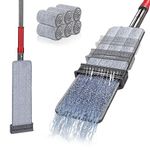 MASTERTOP Microfibre Flat Mop, Self Wringing Mop with 6 Reusable Microfibre Pads, Hands Free Floor Mops for Cleaning Hardwood, Tile, Laminate, Marble - Grey + Red