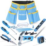 REXBETI 18pcs Blue Young Builder's Tool Set with Real Hand Tools, Reinforced Kids Tool Belt, Waist 20"-32", Kids Learning Tool Kit for Home DIY and Woodworking