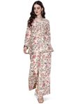 FABGALAXY Floral Print Rayon Kurta with Palazzo Set | Women Co-ord Set | Top Style V-Neckline, Long Sleeves, Belted Waist | Shirt Style Top Flare Palazzo. (IN, Alpha, XL, Regular, Standard, Beige)