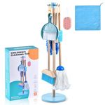 WHOHOLL Wooden Toddler Cleaning Set, Toddler Toys Montessori Toys for 3+ Years Old, Housekeeping Play Set Includes Broom Mop Duster Dustpan Sponge and Organizing Stand, STEM Skill Developmental Gift