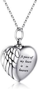 Sterling Silver Angel Wing Heart Urn Pendant Necklace For Ashes - A piece of my heart is in heaven Memorial Keepsake Cremation Jewelry, Sterling Silver, Cubic Zirconia