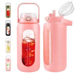 2 Liter Glass Water Bottle with Straw and Handle - 64oz Motivational Water Jug with Time Marker and Silicone Sleeve, Leak proof Wide Mouth Water Flask for Gym, Sports, and Daily Use (Pink)