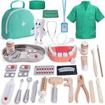 Kids Doctors Set Wooden Dentist Surgeon Medical Kit with Real Stethoscope, Doctor Dress Up Costume, Tooth Doll, Doctor Bag, Pretend Role Play Medical Educational Toys Gift for Kids Boys Girls