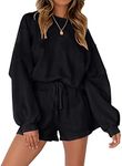 MEROKEETY Women's 2024 Fall Oversized Batwing Sleeve Lounge Sets Casual Top and Shorts 2 Piece Outfits Sweatsuit Black