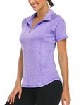 Luranee Golf Shirts Women,Uv Protection Clothing SPF Shirt Ladies Short Sleeve Workout Tops Lightweight UV Protection Zip Up V Neck Pullover Gym Wear Sun Shirts Lilac Medium