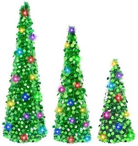 MACTING 3PCS Pop up Christmas Tree with Lights 3FT&4FT&5FT Easy-Assembly Tinsel Tree Coastal Glittery Artificial Pencil Tree for Indoor Apartment Party Winter Xmas Mothers Day Decorations (Green)