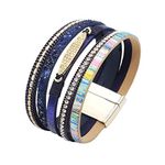 KunBead Jewelry Blue Leather Wrap Bracelets for Women Handmade Braided Boho Multilayer Magnetic Buckle Bracelet Wristband Cuff Bangle Birthday Gifts