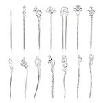 14 Pack Retro Chinese Japanese Silver Metal Hair Sticks Pins Picks Long Straight Decorative Bun Hair Fork Hairpins Chopsticks Clips Barrettes for Women Girls Adults