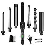 7 In1 Curling Wand Iron Set, PARWIN PRO BEAUTY Hair Curling Wands for Long Short Hair, Hair Curlers Wand with 7 Ceramic Barrels, LCD Display, Heat Resistant Glove, Dual Voltage Good for Travel