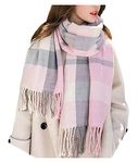 Wander Agio Women's Fashion Scarves Long Shawl Winter Thick Warm Knit Large Plaid Scarf, Pink Grey, Medium