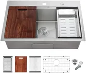 POPFLY 28 x 20 Inch Kitchen Sink, 28 Inch Stainless Steel Top Mount Drop in Workstation Sink, 9-Inch Deep Handmade Sinks with Cutting Board & Strainer, Brushed Nickel（28×20×9）
