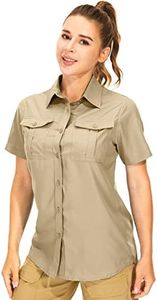 Women's Button Down Shirts UPF 50+ Short Sleeve Sun Protection Shirts Stretch Quick Dry Shirt for Fishing, Hiking, Travel (5075,Khaki01,L)