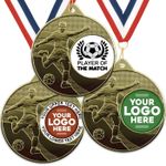 Trophy Monster Pack of 10x Metal 50mm Gold Embossed Football Player of the Match Medals & Ribbons Standard emblem or your logo FREE | Personalised | Bulk Pack Quantity Deals 50,100,250 or 500 |