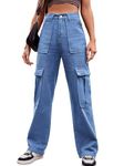 IFFEI Womens Cargo Pants Y2K High Waisted Baggy Stretchy Streetwear Trousers with 6 Pockets Denim Blue L