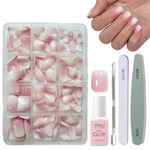 DMQ Ombre False Nails Kit with Glue, 240Pcs Natural Gradient Pink Fake Nails, Acrylic Square Press on Nails Pink Tips, 12 Sizes Glossy Full Cover Stick on Nails for Women Girls Nails Art